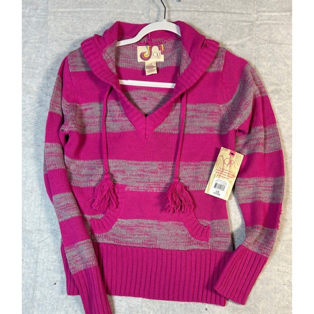 Ocean Pacific OP Pink Grey Stripe Hoodie Sweater Tassels Junior 11/13 13‎
